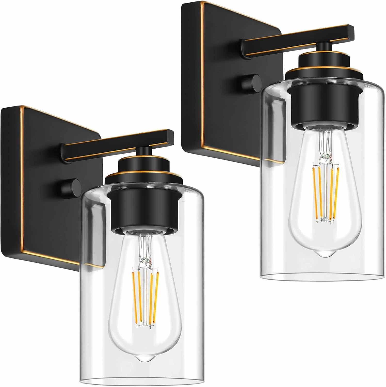 Set of 2 Wall Sconces for Bathroom, Modern Vanity Light Fixtures, Bronze Wall Mount Lighting Lanterns, Farmhouse Wall Lights with Clear Glass Shade for Bedroom Living Room Mirror Hallway Kitchen