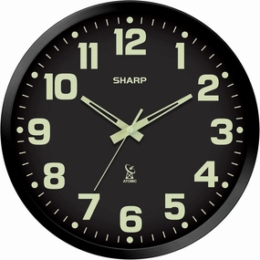 SHARP Glow in The Dark Atomic Analog Wall Clock - 12" Clock with Black Frame - Sets Automatically - Battery Operated - Easy to Read - Easy to Use – See Day or Night!