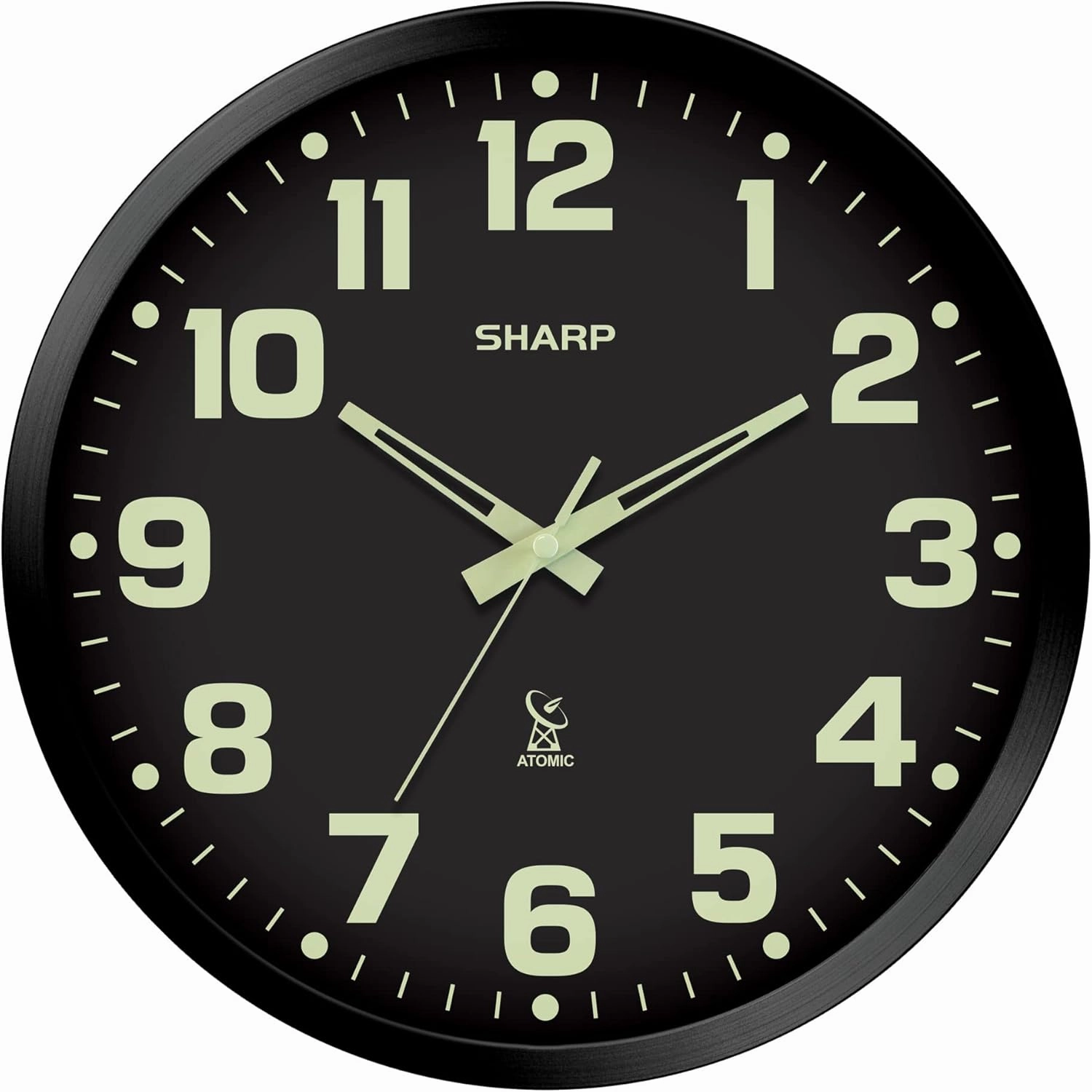 SHARP Glow in The Dark Atomic Analog Wall Clock - 12" Clock with Black Frame - Sets Automatically - Battery Operated - Easy to Read - Easy to Use – See Day or Night!