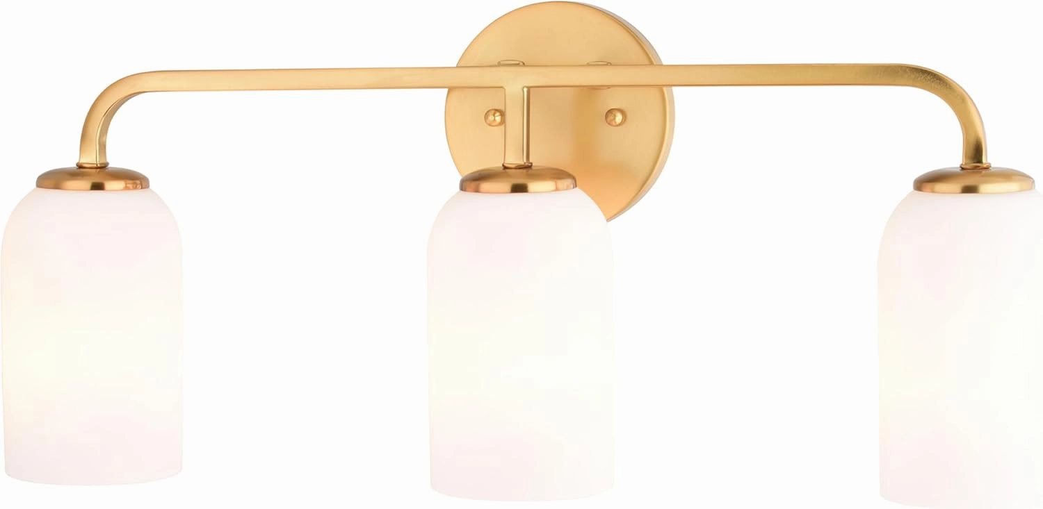 Shelby 3 Light Gold Brass Transitional Bathroom Vanity Fixture White Glass