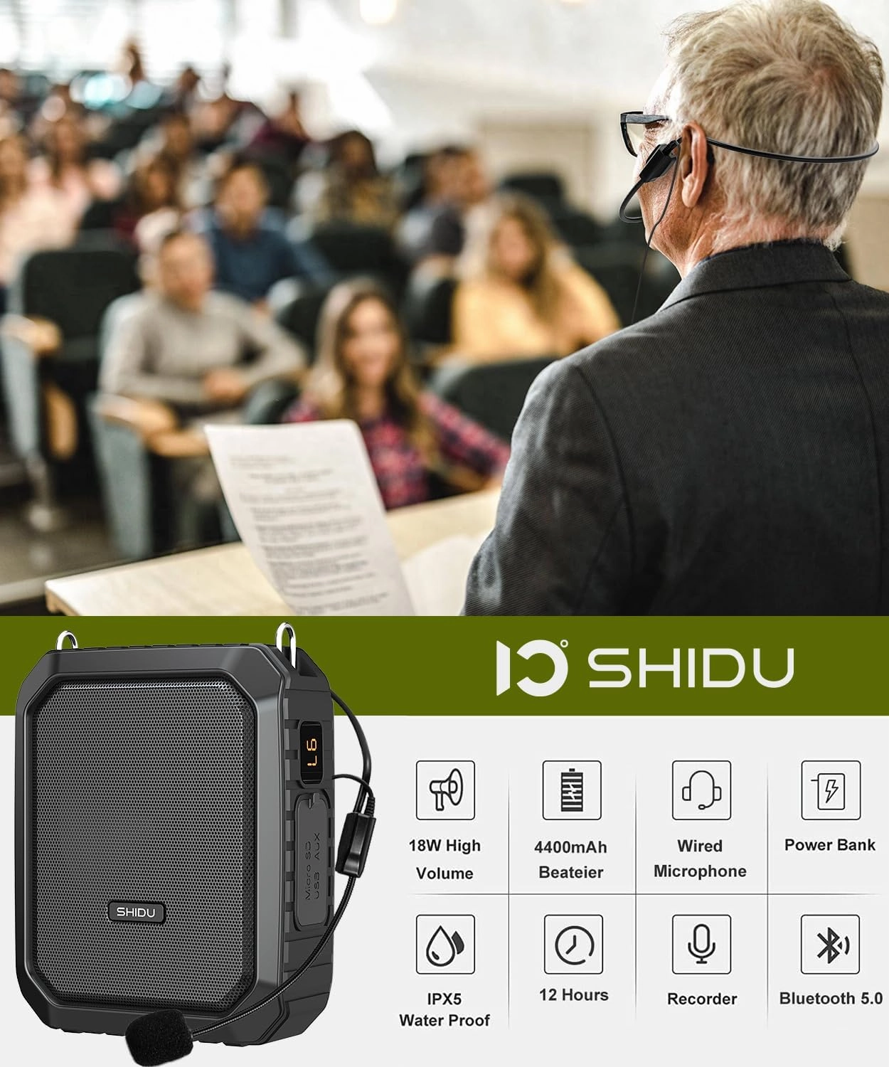 SHIDU Voice Amplifier for Teacher with Portable Microphone and Speaker, 18W Megaphone with Wired Mic Headset, IPX5 Waterproof & Rechargeable Bluetooth Speaker Systems for Tour Guide, Speech, Meeting