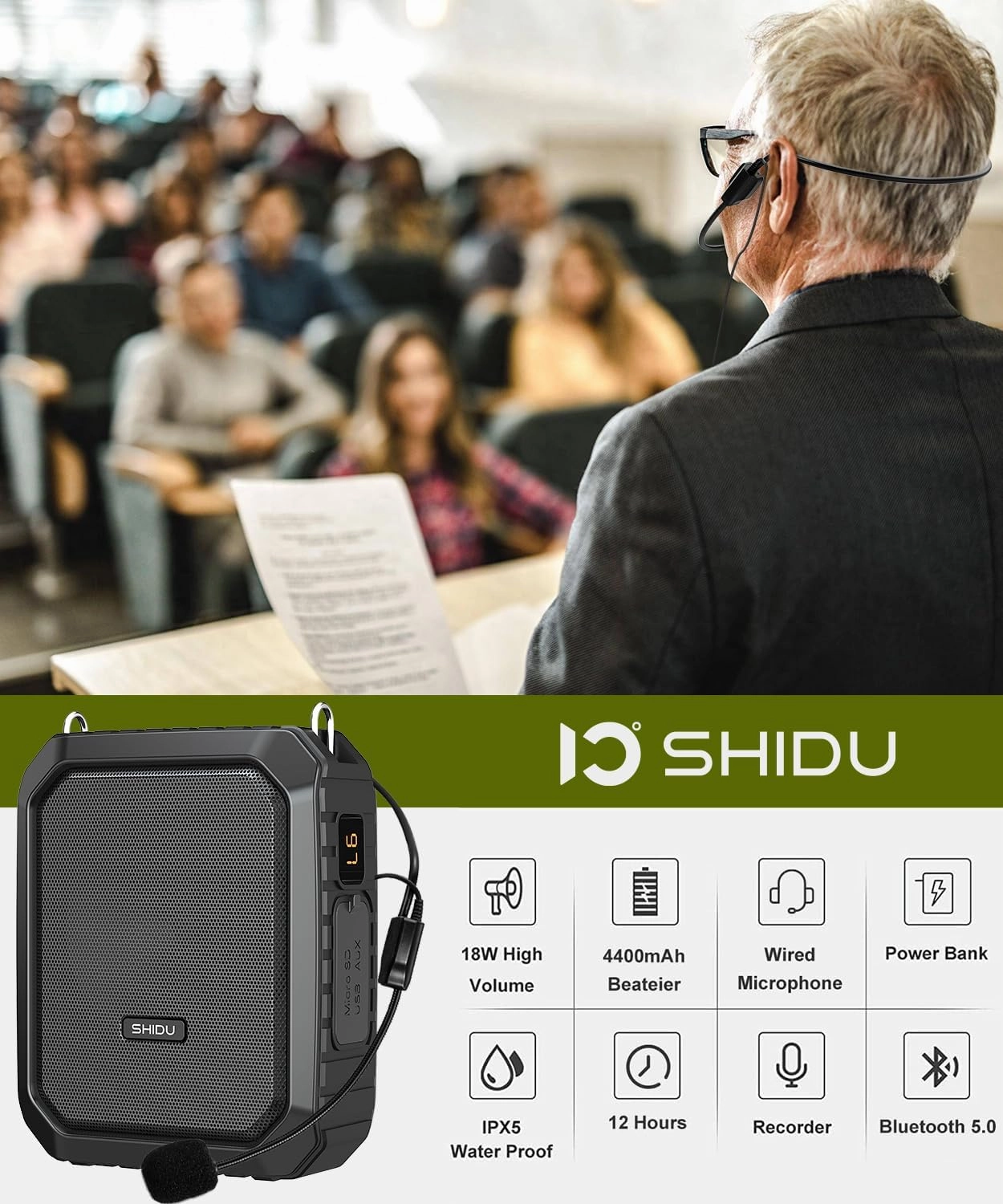 SHIDU Voice Amplifier for Teacher with Portable Microphone and Speaker, 18W Megaphone with Wired Mic Headset, IPX5 Waterproof & Rechargeable Bluetooth Speaker Systems for Tour Guide, Speech, Meeting