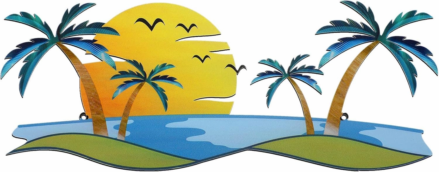 Shimeyao Tropical Beach Wall Art Palm Tree Metal Wall Art Outdoor Beach Bathroom Decor Tropical Metal Tree Sculptures for Indoor Outdoor Decor(Sunset)