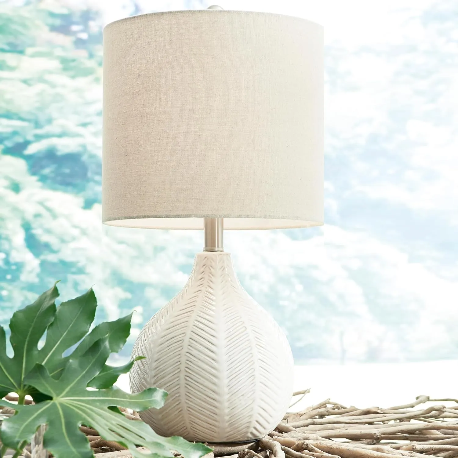 Signature Design by Ashley Rainermen 20" Modern Herringbone Ceramic Table Lamp, Off White