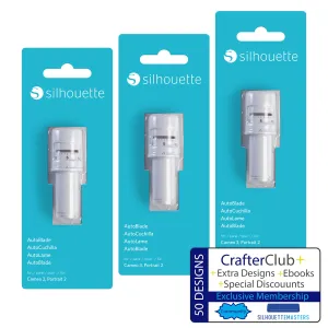 Silhouette Autoblade Pack of 3 Replacement Blades for Cameo 3 and Portrait 2- withCrafterClub 50 Free Designs