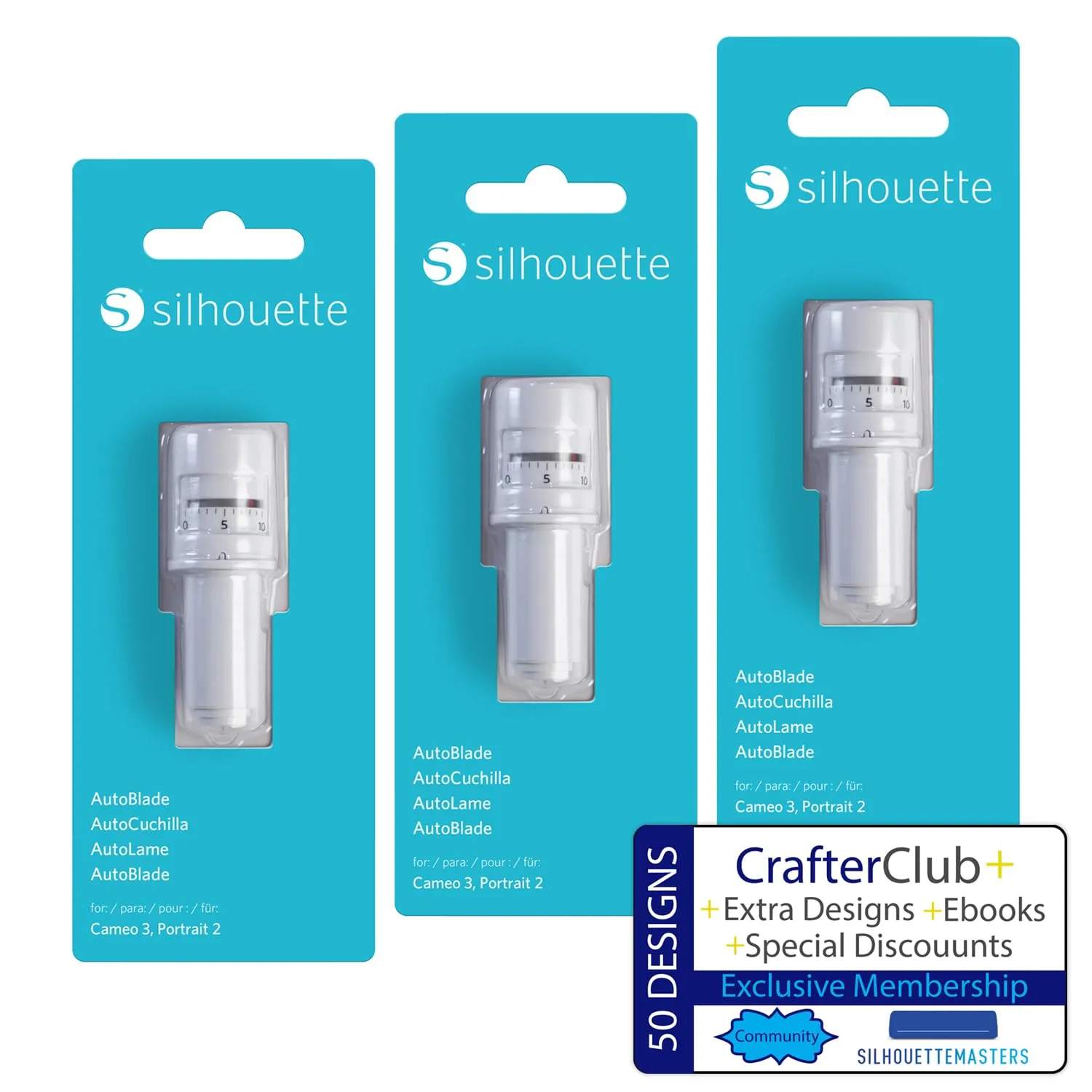 Silhouette Autoblade Pack of 3 Replacement Blades for Cameo 3 and Portrait 2- withCrafterClub 50 Free Designs