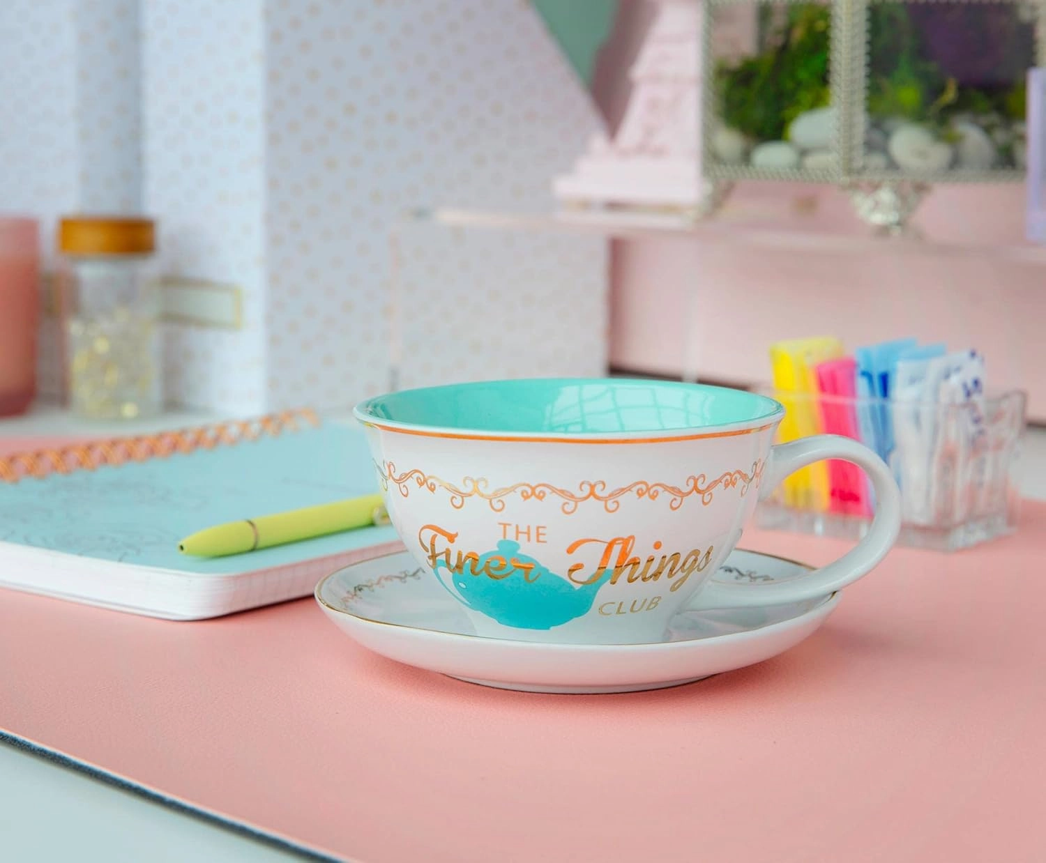 Silver Buffalo The Office Finer Things Club Tea Gold Foil Boxed Ceramic Teacup and Saucer, 12 Ounces