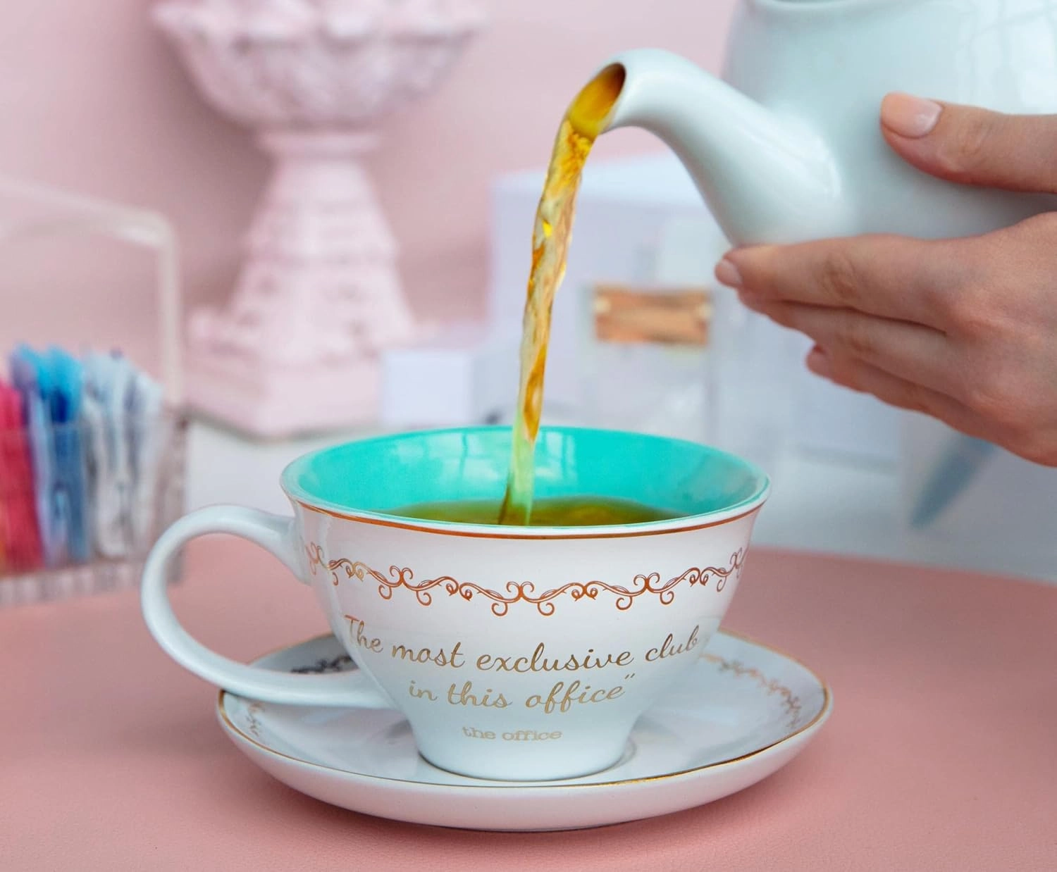 Silver Buffalo The Office Finer Things Club Tea Gold Foil Boxed Ceramic Teacup and Saucer, 12 Ounces