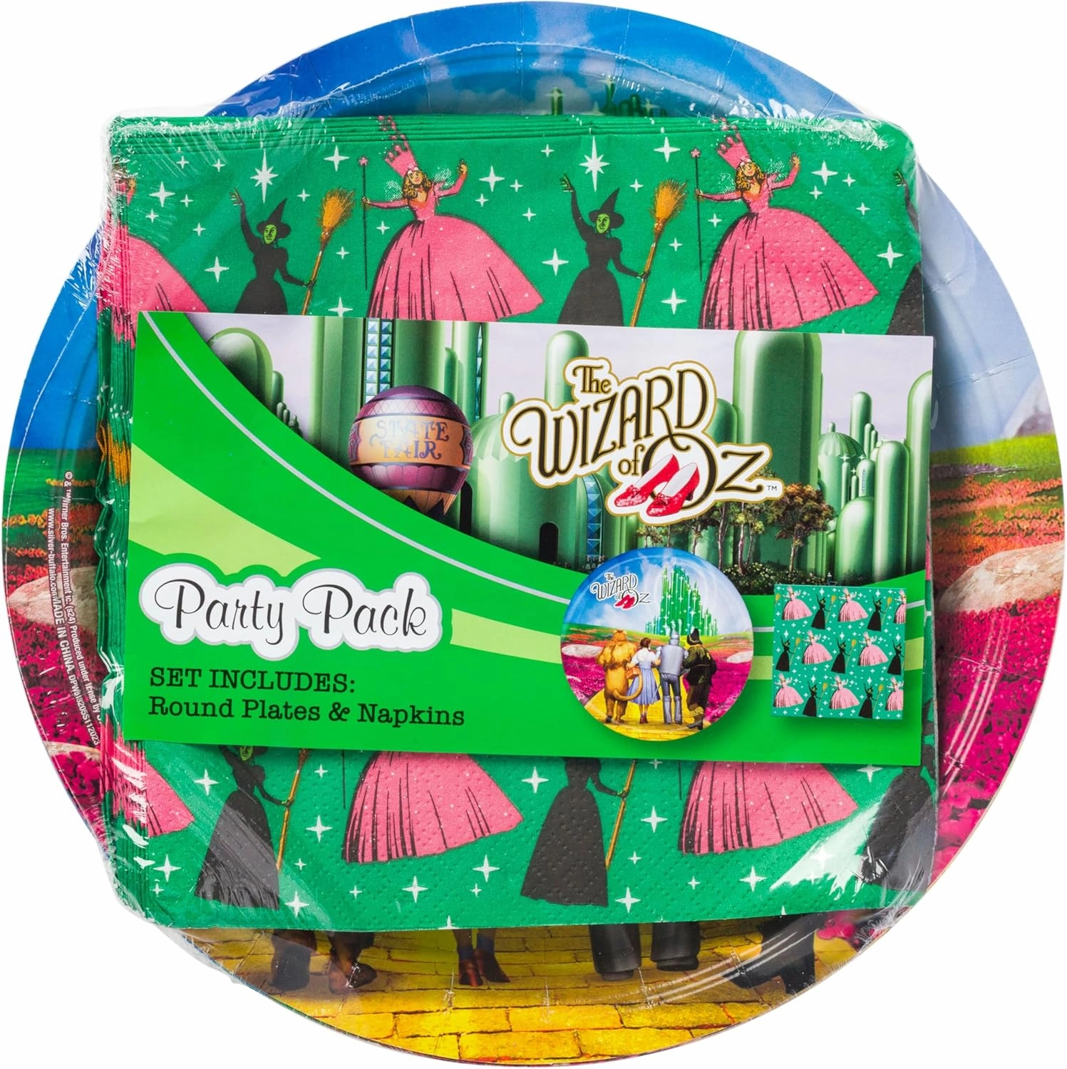 Silver Buffalo The Wizard of Oz Emerald City Featuring Dorthy, Lion, Tin Man, Scarecrow, Wicked Witch of the West Elphaba, and Glinda 32 Pack Partyware Disposable Paper Plates and Napkins