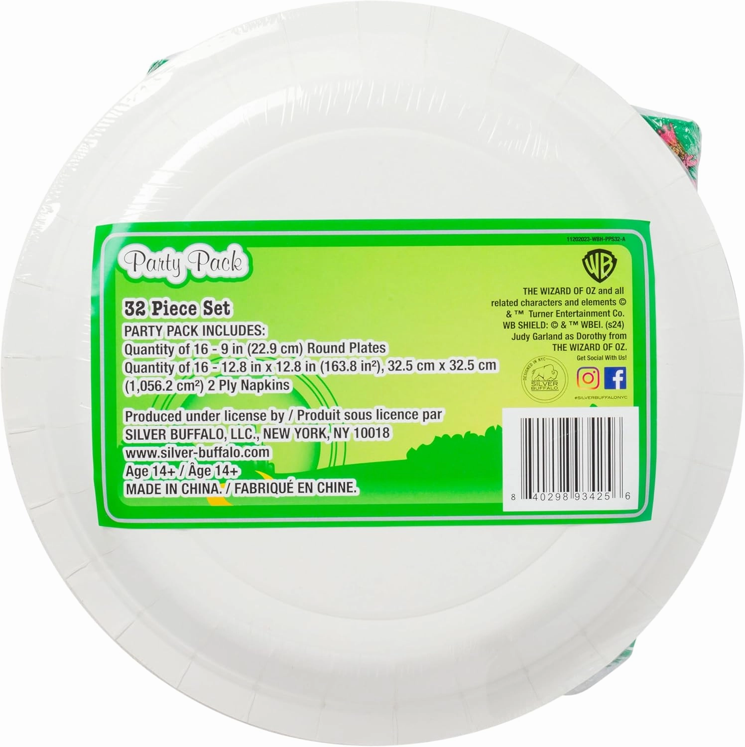 Silver Buffalo The Wizard of Oz Emerald City Featuring Dorthy, Lion, Tin Man, Scarecrow, Wicked Witch of the West Elphaba, and Glinda 32 Pack Partyware Disposable Paper Plates and Napkins