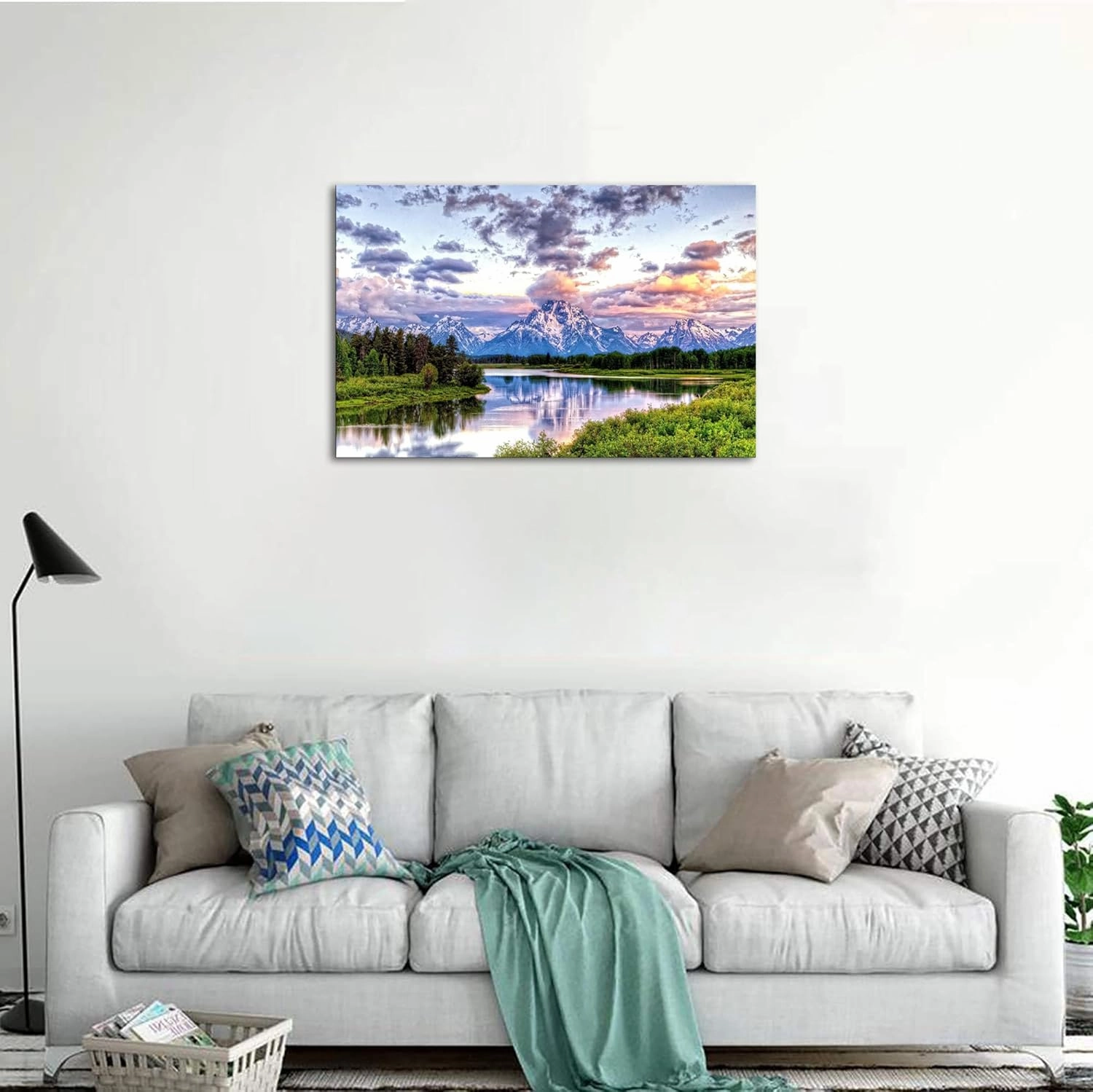 SKASNFAI Mountain Wall Decor Canvas Painting Grand Teton Wall Art Oxbow Bend National Park Landscape Poster Artwork Framed Pictures for Living Room Bedroom (16x24 inch)