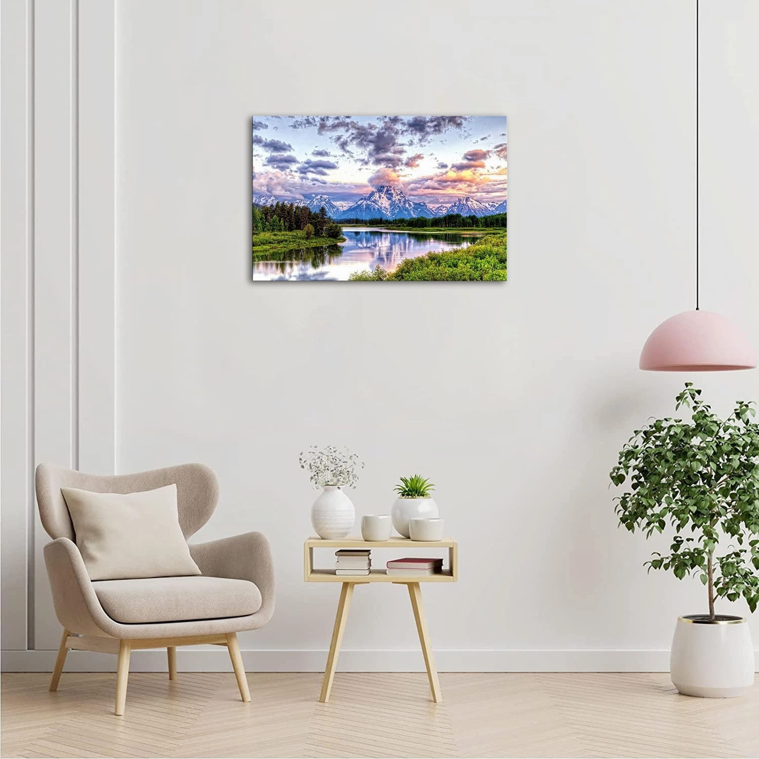 SKASNFAI Mountain Wall Decor Canvas Painting Grand Teton Wall Art Oxbow Bend National Park Landscape Poster Artwork Framed Pictures for Living Room Bedroom (16x24 inch)