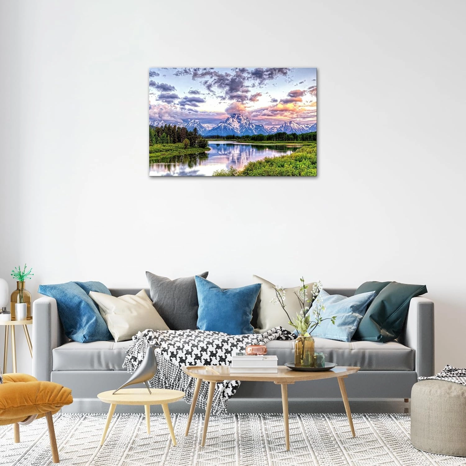 SKASNFAI Mountain Wall Decor Canvas Painting Grand Teton Wall Art Oxbow Bend National Park Landscape Poster Artwork Framed Pictures for Living Room Bedroom (16x24 inch)