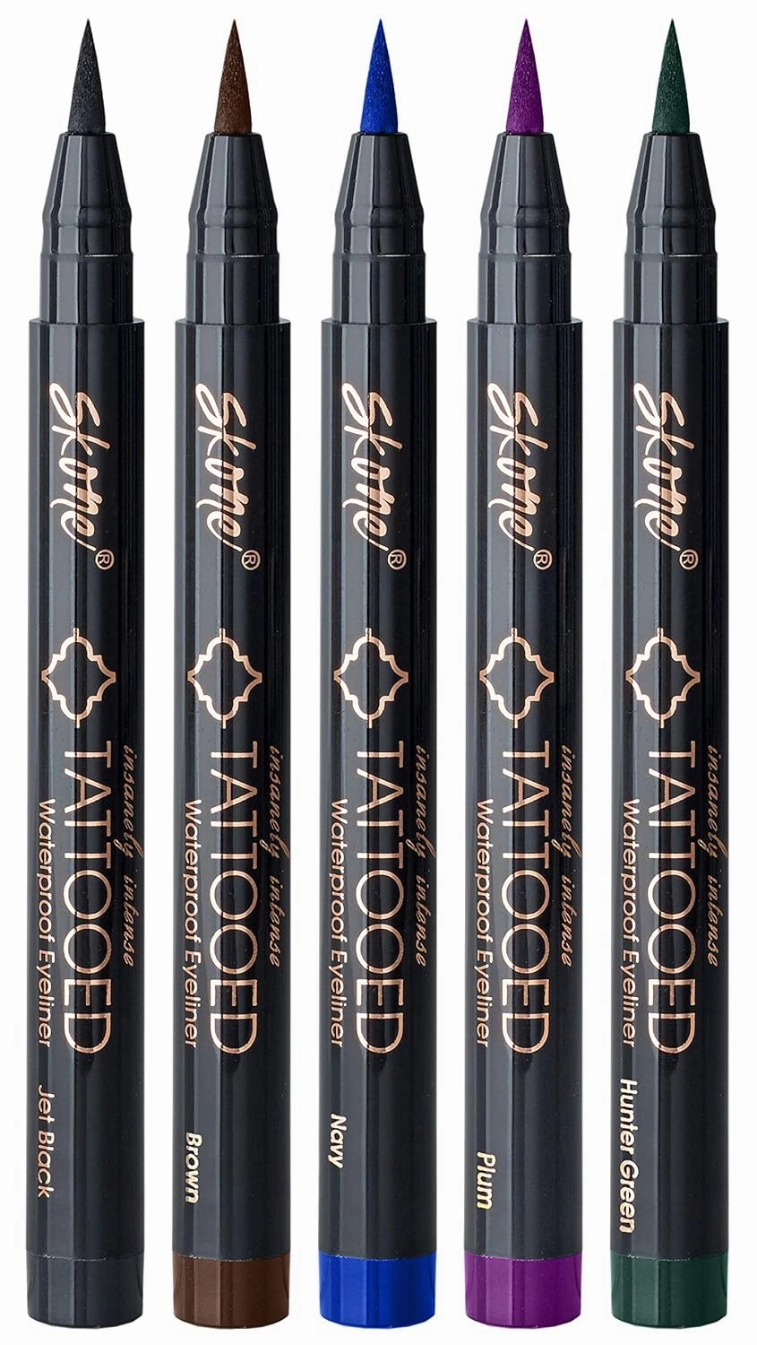 Skone Cosmetics Insanely Intense Tattooed Eyeliner Pen - 5-piece Set - Waterproof Liquid Eyeliner, Sweat Proof, Smudge Proof Liquid Eyeliner - 5 Bold Colors (Black, Brown, Navy, Plum, Hunter Green)