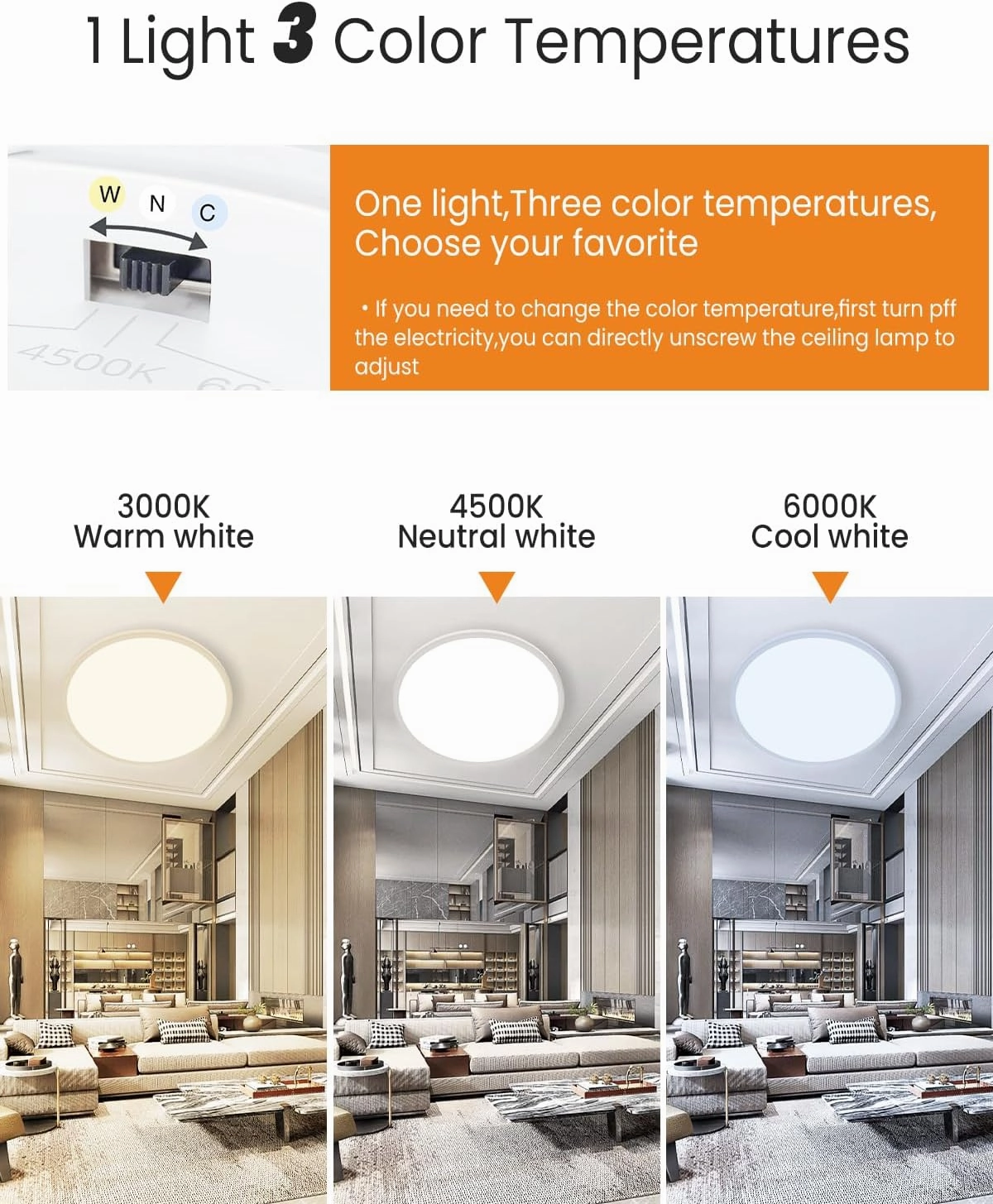 Slochi 15.4 Inch 2 Pack Flush Mount Ultra Thin LED Ceiling Light, 36W 3000K/4500K/6000K 3 Color Temperature Low Profile Ceiling Light Fixtures for Bedroom, Kitchen, Living Room