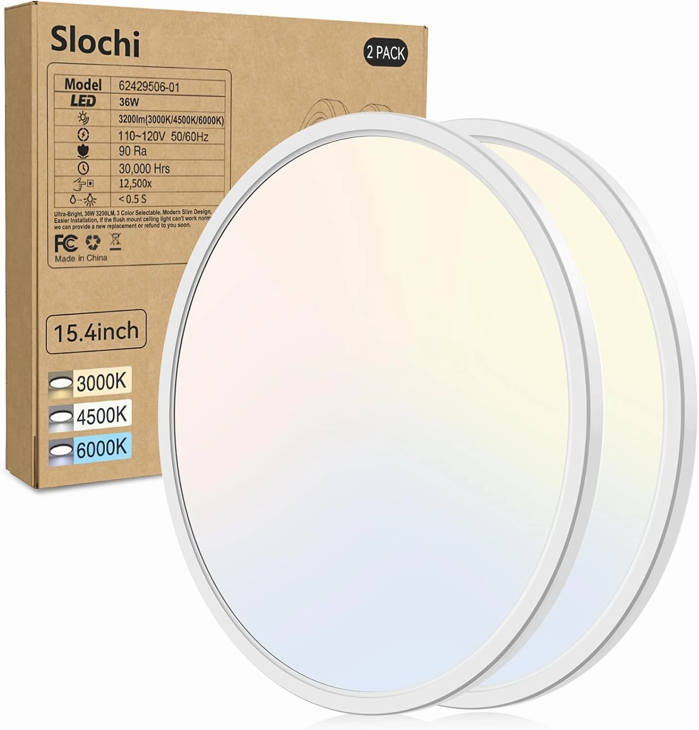 Slochi 15.4 Inch 2 Pack Flush Mount Ultra Thin LED Ceiling Light, 36W 3000K/4500K/6000K 3 Color Temperature Low Profile Ceiling Light Fixtures for Bedroom, Kitchen, Living Room