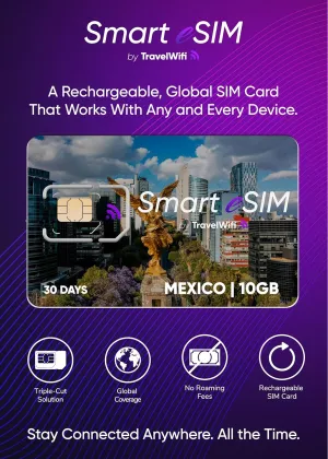 Smart eSIM Mexico (10GB, 30 Days), Rechargeable International SIM Card, Triple-Cut Prepaid SIM Card (Standard, Nano, and Micro), Convenient Top-Up