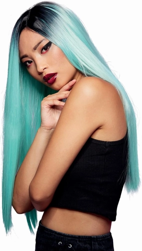Smiffys Official Manic Panic® Sea Nymph™ Super Vixen™ Wig, Long Straight Wig, Heat Styleable with Adjustable Cap in Teal Colours with Root Effect. Pre-styled Wig