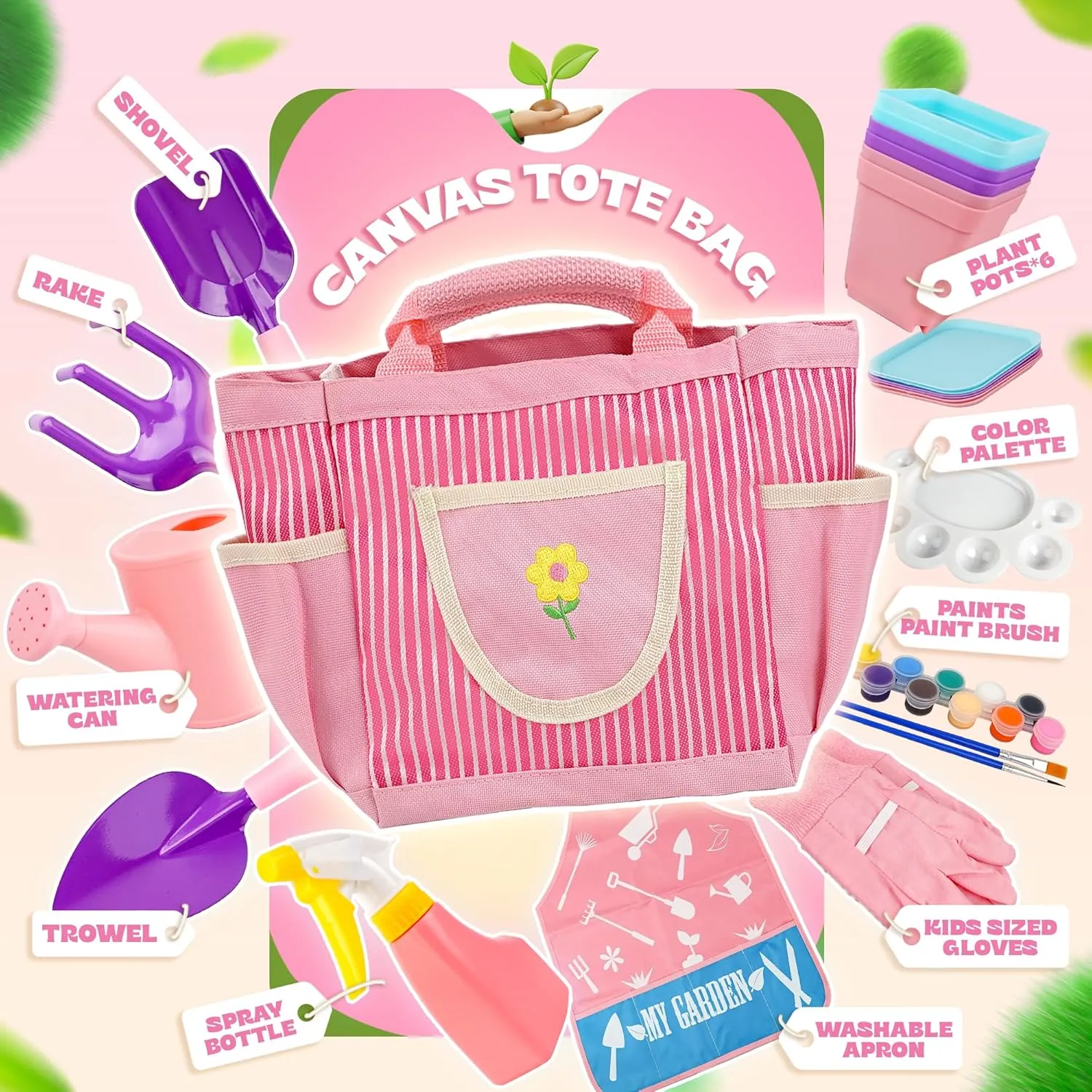 SMILESSKIDDO Kids Gardening Set - Toddler Gardening Set with Shovel Rake Trowel, Apron Tote Bag Watering Can for Kids Gardening Tools - Ideal Kids Gardening Tools Gift for Boys and Girls(Pink)