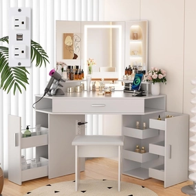 SMOOL 47" L Vanity with Lighted Mirror - Makeup Vanity Desk with Power Outlet and 3 Color Lighting Options, Brightness Adjustable, Vanity Table Set with 8 Drawers and Cabinet for Women Girls, White