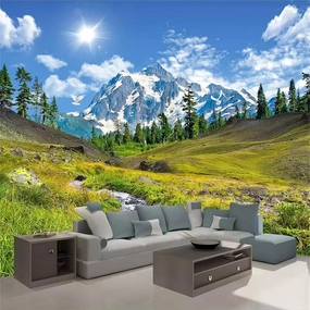Snow Mountain Plateau Natural Scenery 3D Photo Wallpaper, Green Grassland Plants Mural Wallpaper, Wall Decal Stickers Dry Without Bubbles for Laundry Rooms（144"W x 100"H）