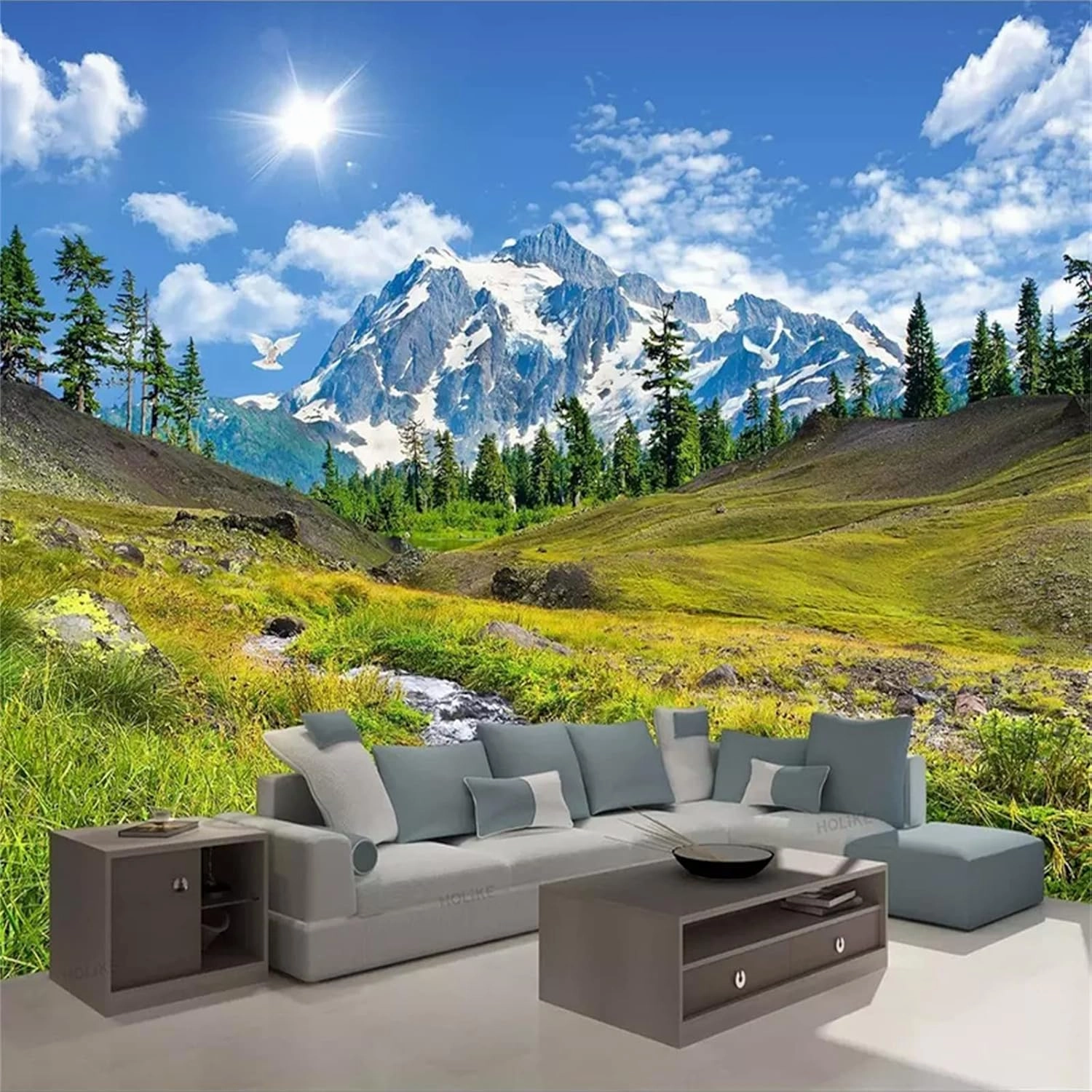 Snow Mountain Plateau Natural Scenery 3D Photo Wallpaper, Green Grassland Plants Mural Wallpaper, Wall Decal Stickers Dry Without Bubbles for Laundry Rooms（144"W x 100"H）