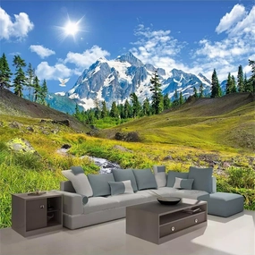 Snow Mountain Plateau Natural Scenery 3D Photo Wallpaper, Green Grassland Plants Mural Wallpaper, Wall Decal Stickers Dry Without Bubbles for Laundry Rooms（169.3"W x 118.2"H）