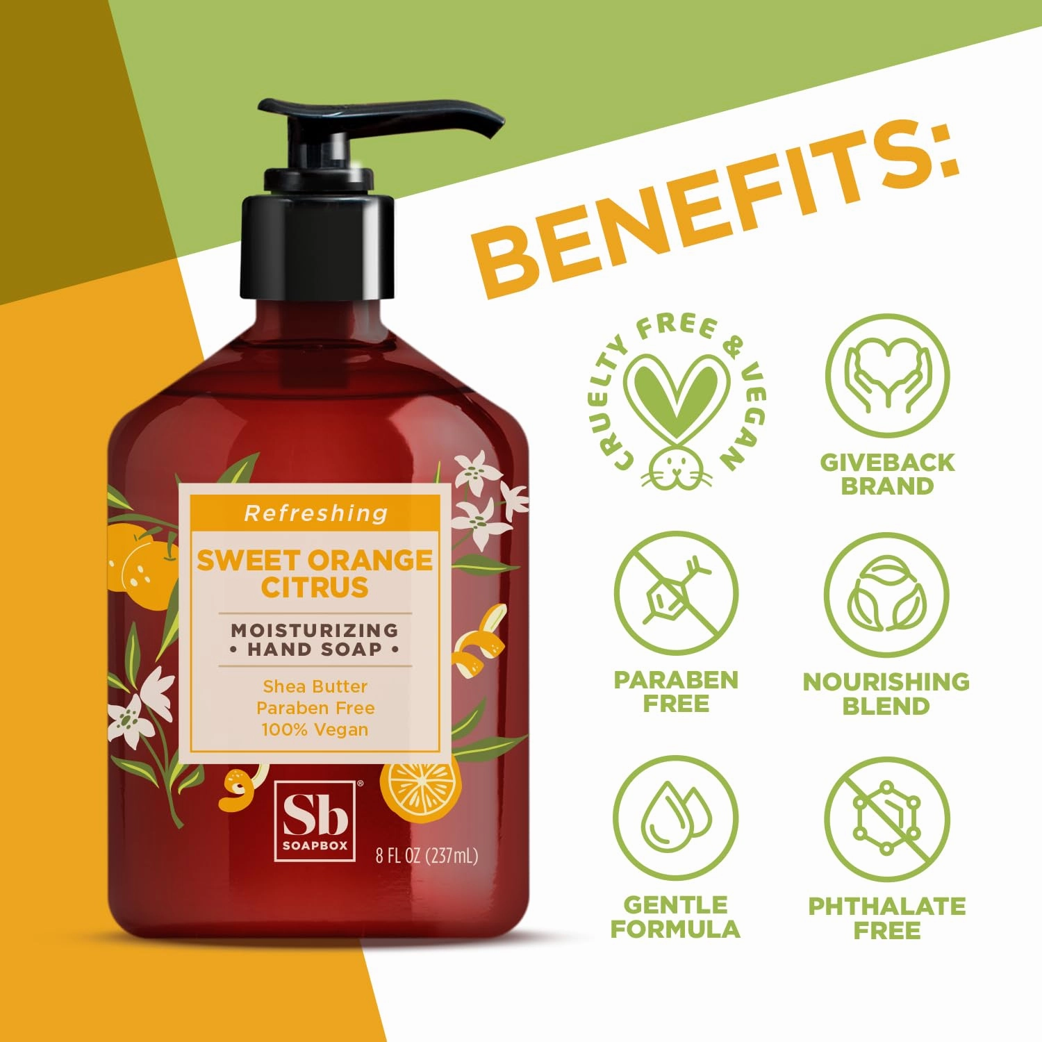 Soapbox Hand Soap, Sweet Orange Citrus Moisturizing Hand Soap for Bathroom & Kitchen with Pump Dispense, (6 Pack, 8oz Each)