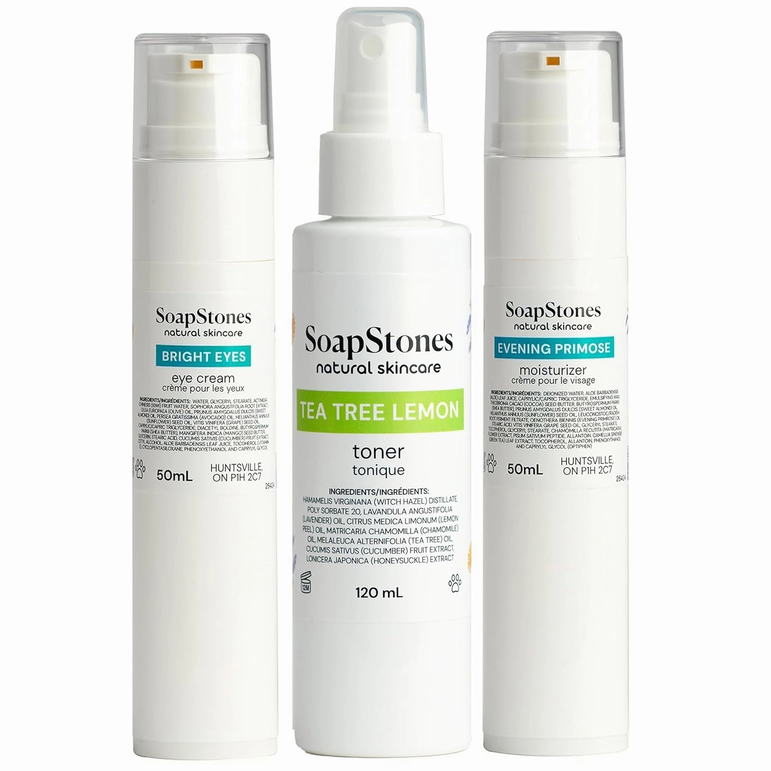 Soapstones Evening Primrose Facial Moisturizer, Lemon Tea Tree Toner and Bright Eyes Moisturizing Eye Cream for Dark Circles & Spot Defense