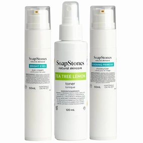Soapstones Evening Primrose Facial Moisturizer, Lemon Tea Tree Toner and Bright Eyes Moisturizing Eye Cream for Dark Circles & Spot Defense