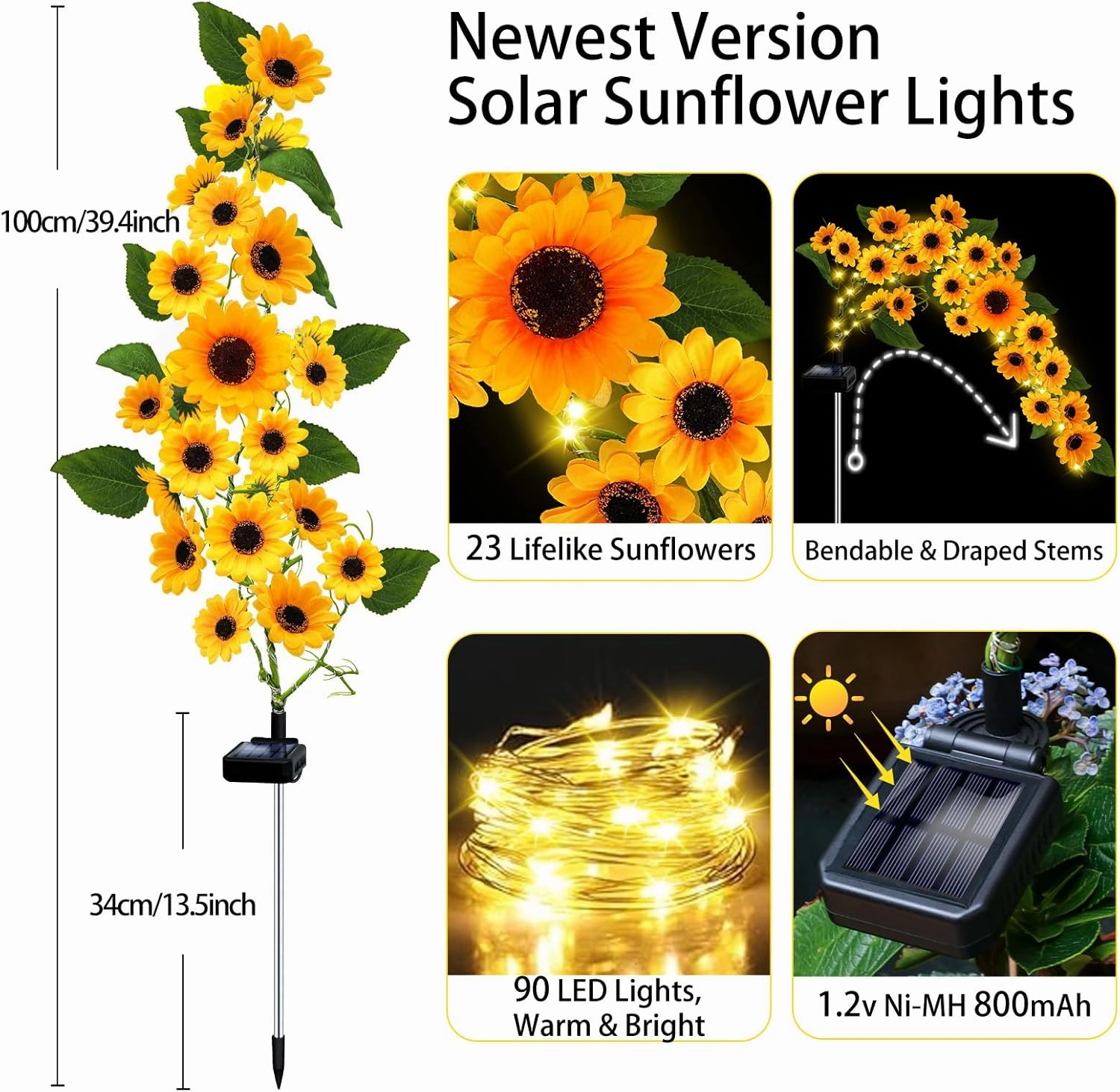 Solar Garden Lights Outdoor, 4 Pack Sunflower Lights with 92 Lifelike Sunflower, Waterproof 360 Bright LED Fall Garden Decor Solar Flowers for Patio Flowerbed Yard, Gift for Mom