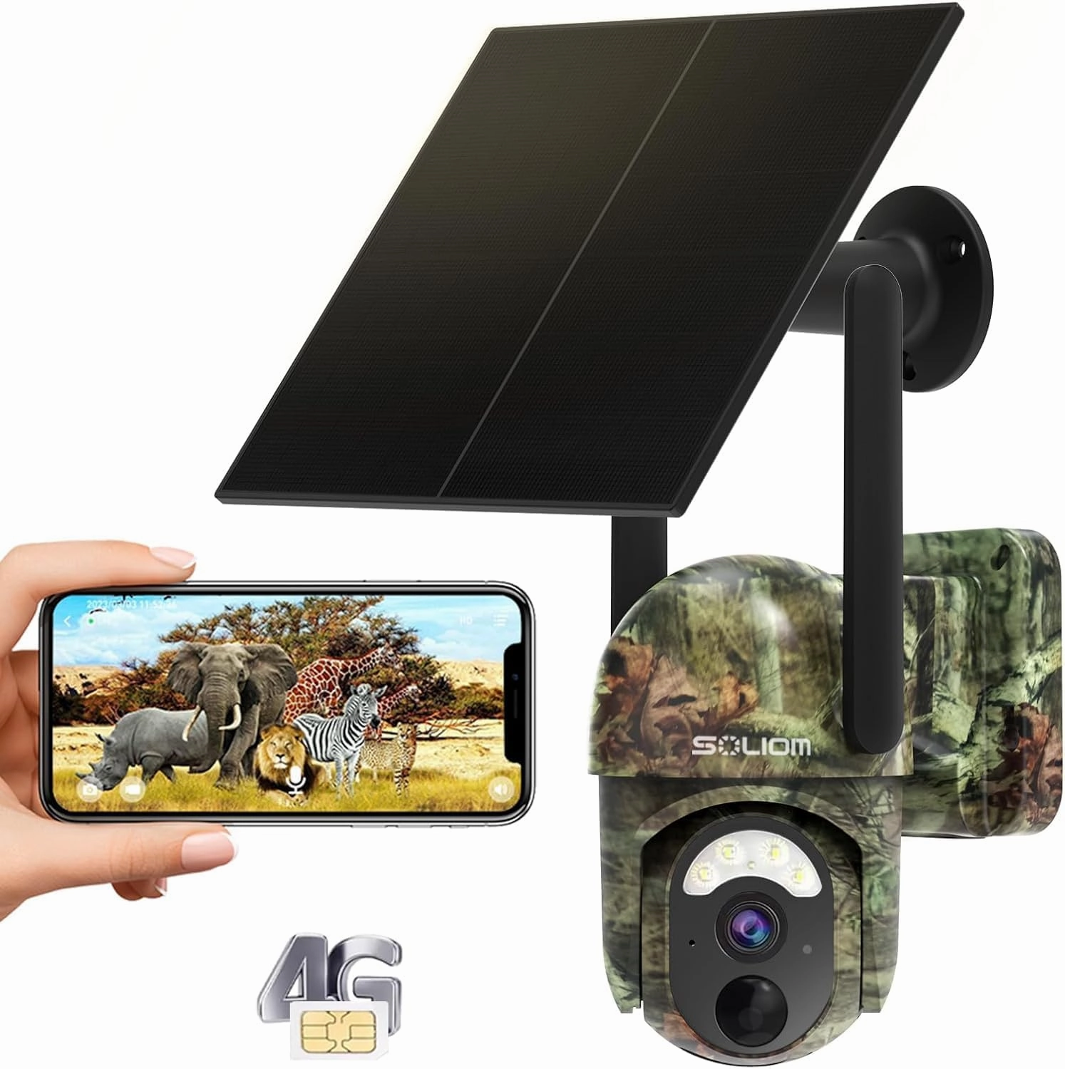SOLIOM S50 4G Cellular Trail Camera, No WiFi Wireless Outdoor Security Camera with Solar Panel, Pan Tilt 355°View, 2K HD Solution, Full Color Night Vision, 32GB Memory Card, Verizon, AT&T & T-Mobile