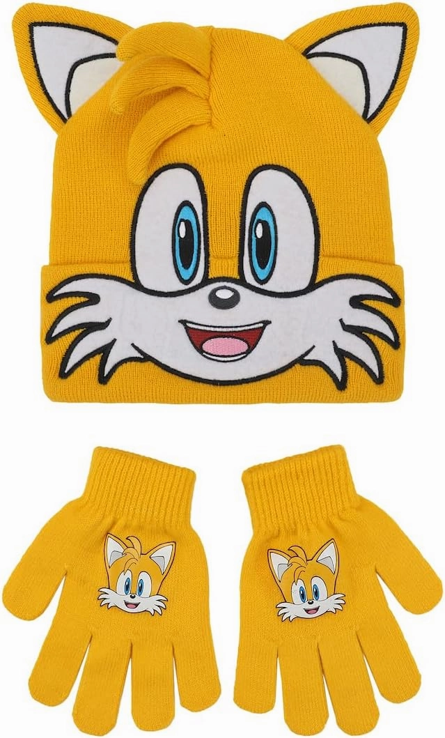 Sonic The Hedgehog Big Face Tails Youth 2-Piece Cuff Beanie & Magic Gloves Set