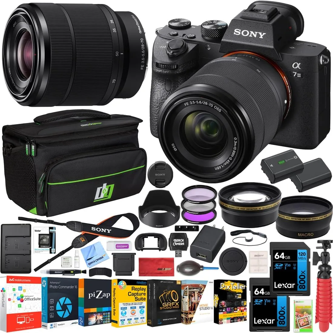Sony a7III Full Frame Mirrorless Camera with FE 28-70mm F3.5-5.6 OSS Lens Kit ILCE-7M3K/B | Official Sony USA Partner Model | Bundle with Telephoto & Wide-Angle Lens Set, 2X 64GB Cards, Deco Gear Bag