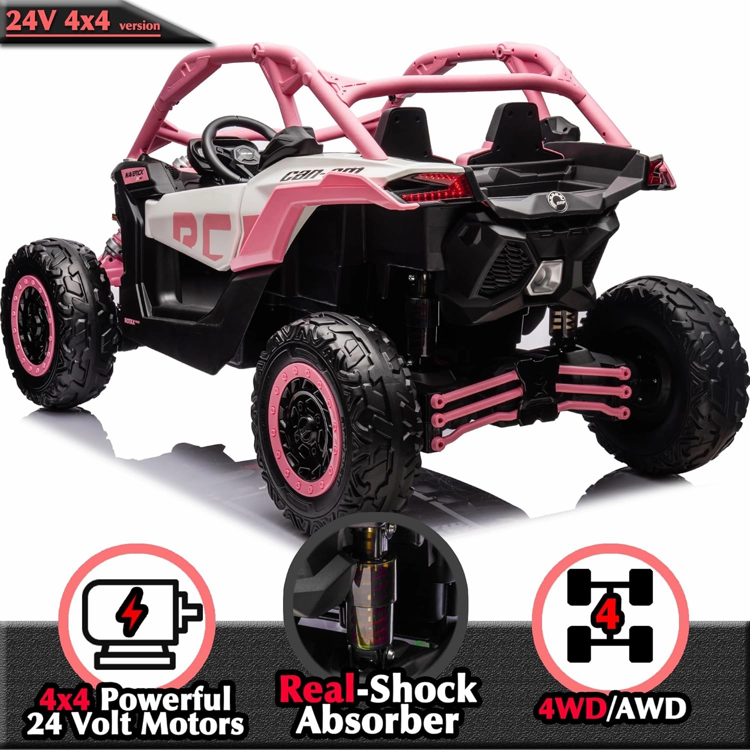 sopbost Compatible with CAN-AM Maverick X3 24V Kids UTV 2 Seater 23.4” Width Ride On Toy Car with Remote Control 4WD Off-Road Buggy SxS Electric Vehicle, EVA Tires Wheels, Music Play, Pink