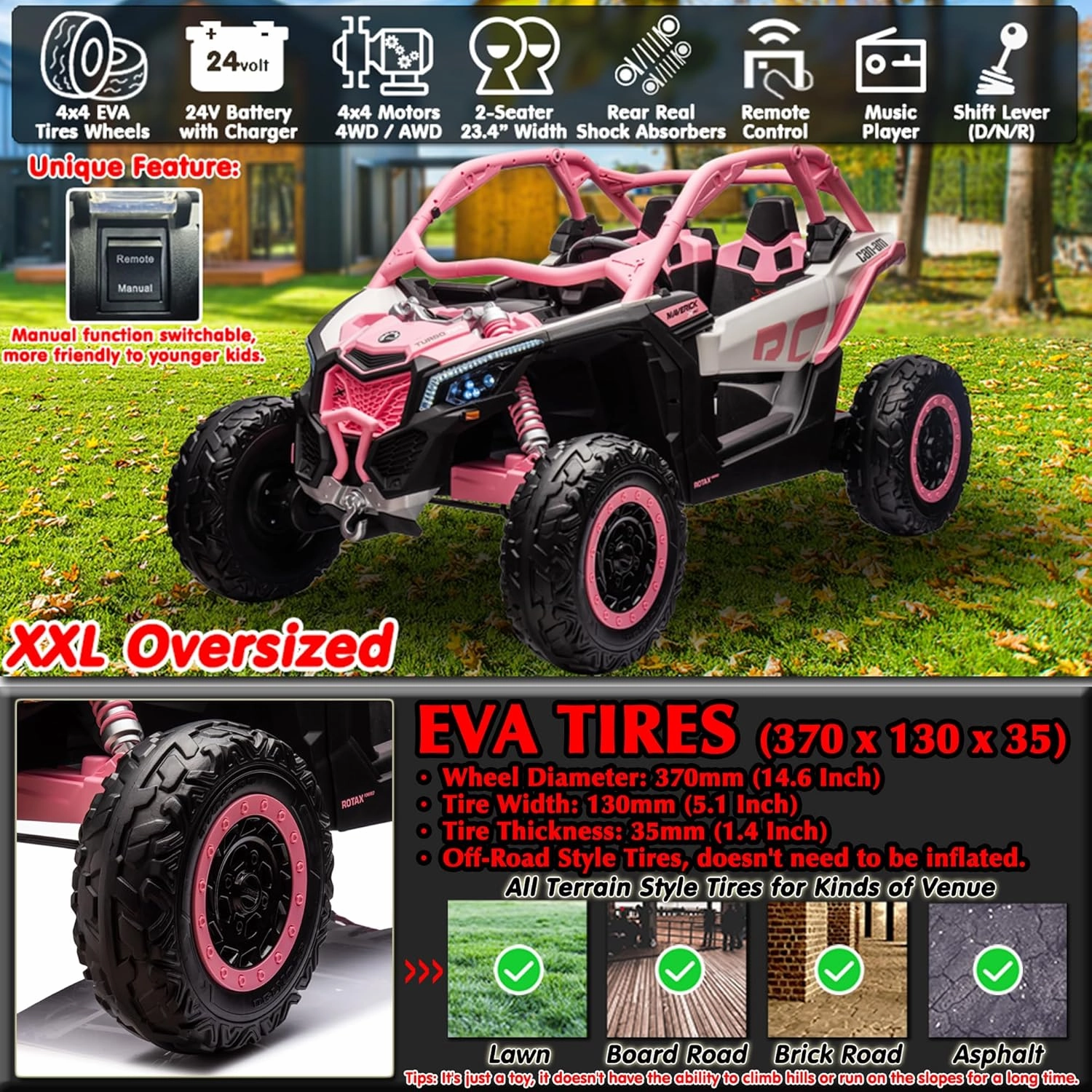 sopbost Compatible with CAN-AM Maverick X3 24V Kids UTV 2 Seater 23.4” Width Ride On Toy Car with Remote Control 4WD Off-Road Buggy SxS Electric Vehicle, EVA Tires Wheels, Music Play, Pink