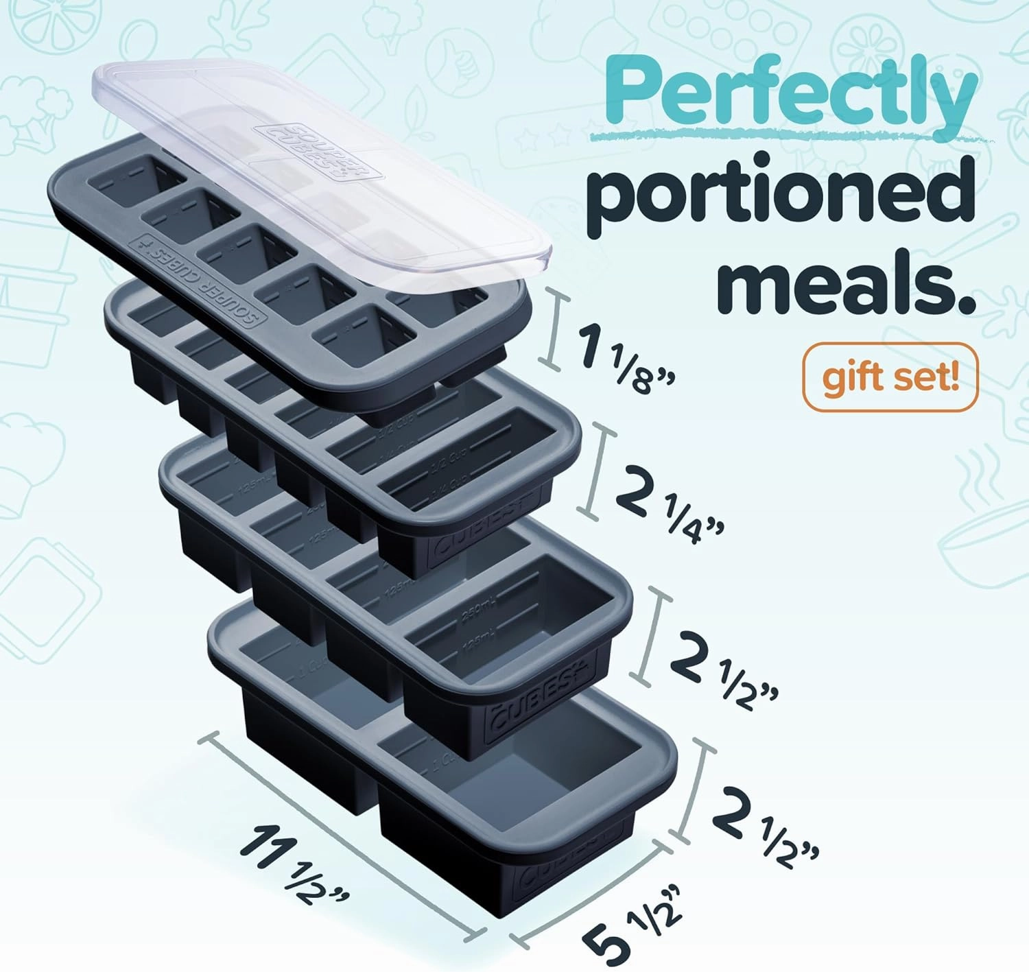 Souper Cubes Silicone Freezer Molds Gift Set with 2 Tbsp, 1/2, 1, and 2 Cup Silicone Freezer Trays With Lids - Meal Prep and Kitchen Essentials Bundle - Charcoal