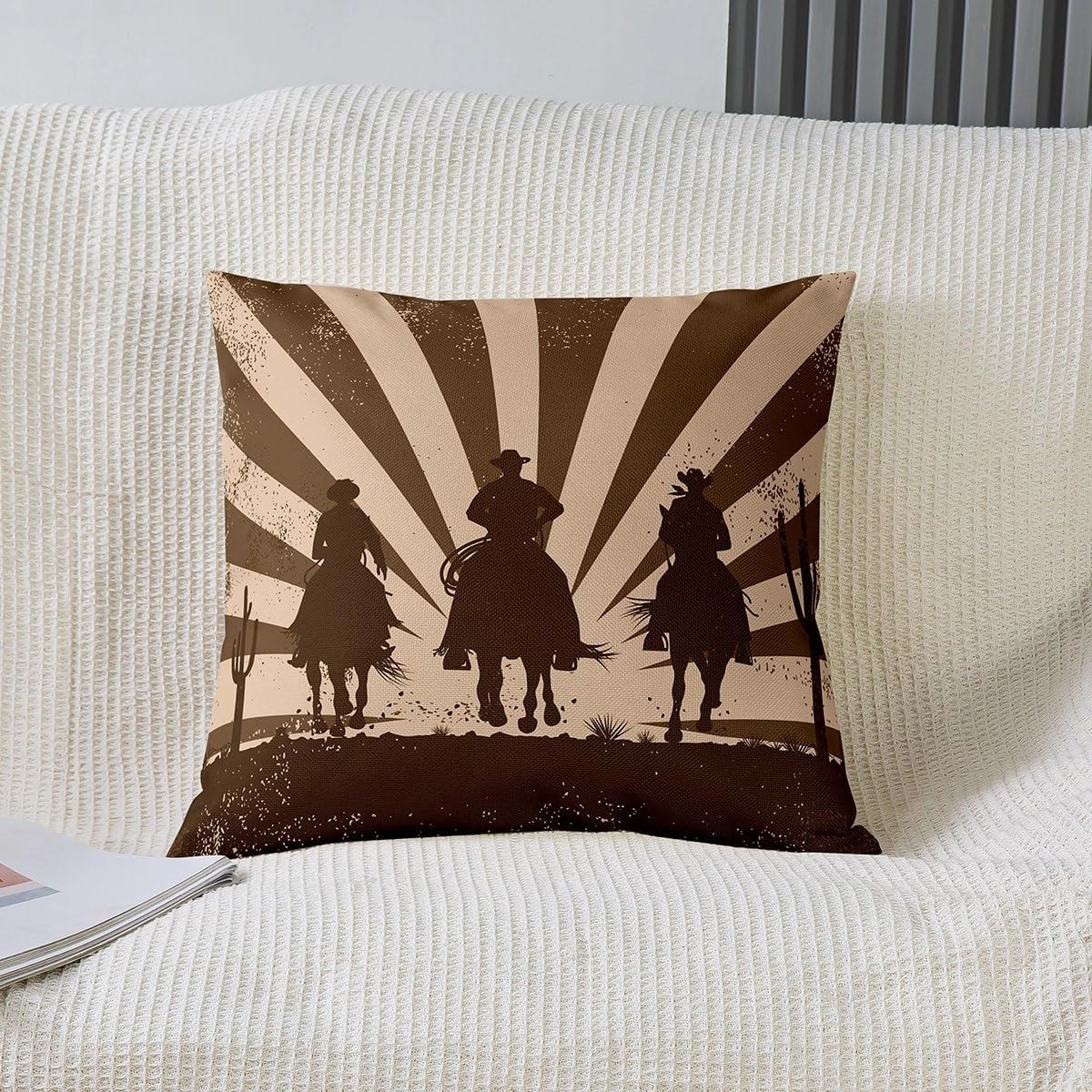 Southwest Cowboys Set of 2 Pillow Cover 16x16 Inch Galloping Horse Desert Cactus Cushion Case for Office Bedroom Brown Stripes Retro Style Square Pillow Case for Sofa Couch