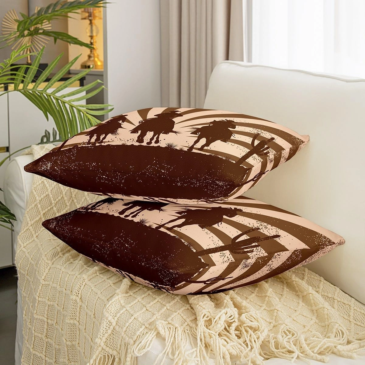 Southwest Cowboys Set of 2 Pillow Cover 16x16 Inch Galloping Horse Desert Cactus Cushion Case for Office Bedroom Brown Stripes Retro Style Square Pillow Case for Sofa Couch