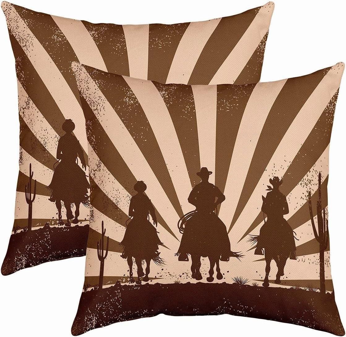 Southwest Cowboys Set of 2 Pillow Cover 16x16 Inch Galloping Horse Desert Cactus Cushion Case for Office Bedroom Brown Stripes Retro Style Square Pillow Case for Sofa Couch