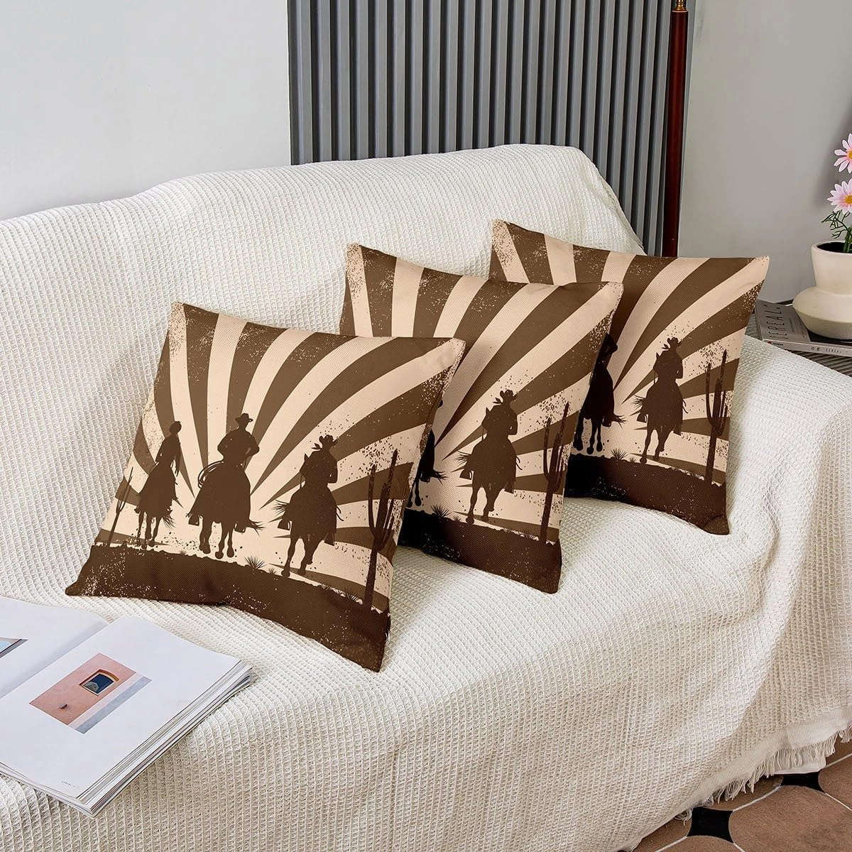 Southwest Cowboys Set of 2 Pillow Cover 16x16 Inch Galloping Horse Desert Cactus Cushion Case for Office Bedroom Brown Stripes Retro Style Square Pillow Case for Sofa Couch