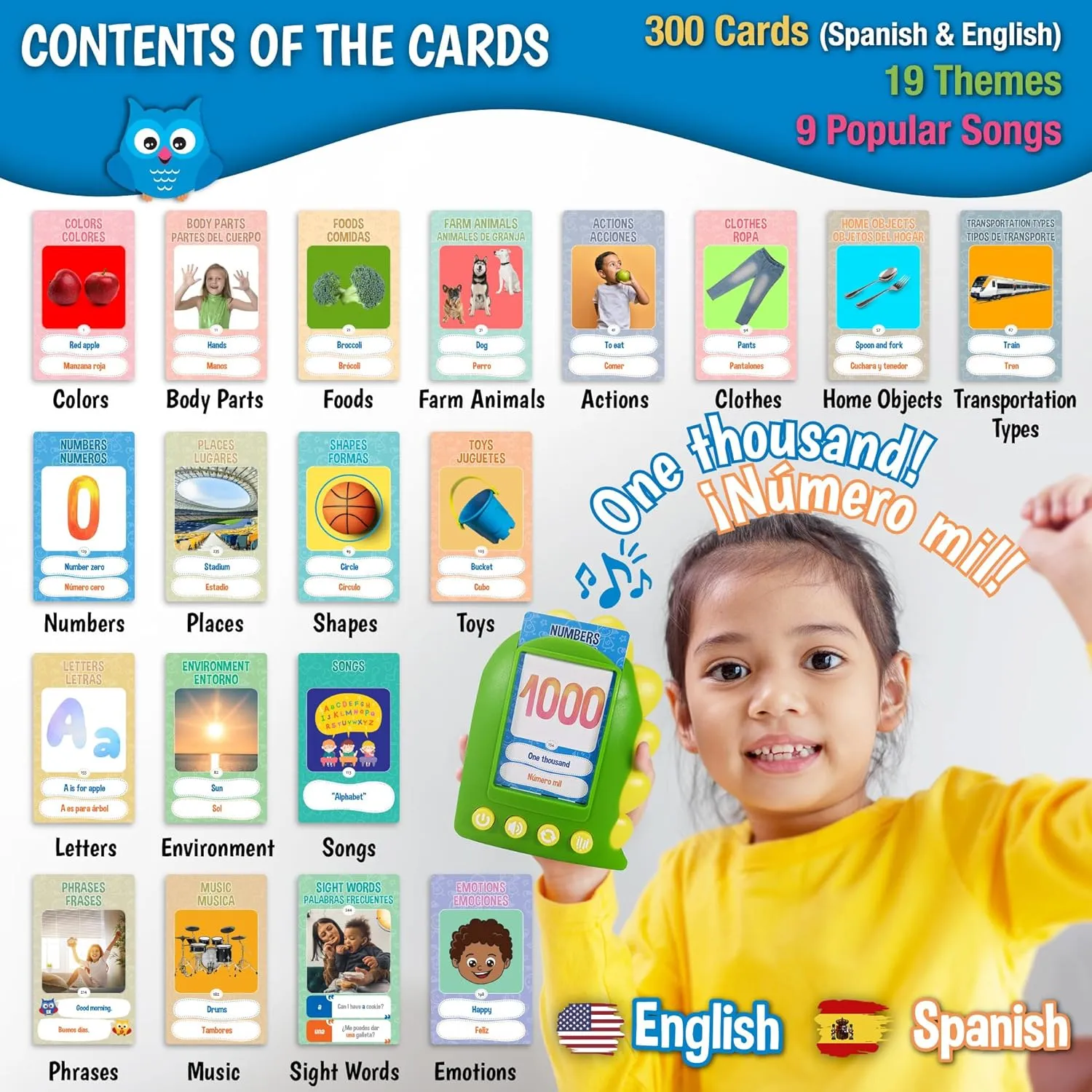 Spanish Flash Cards for Kids | Bilingual Talking Flashcards with Audio | English Learning Cards | Interactive Language Development Toy | Educational Flash Cards for Early Learning