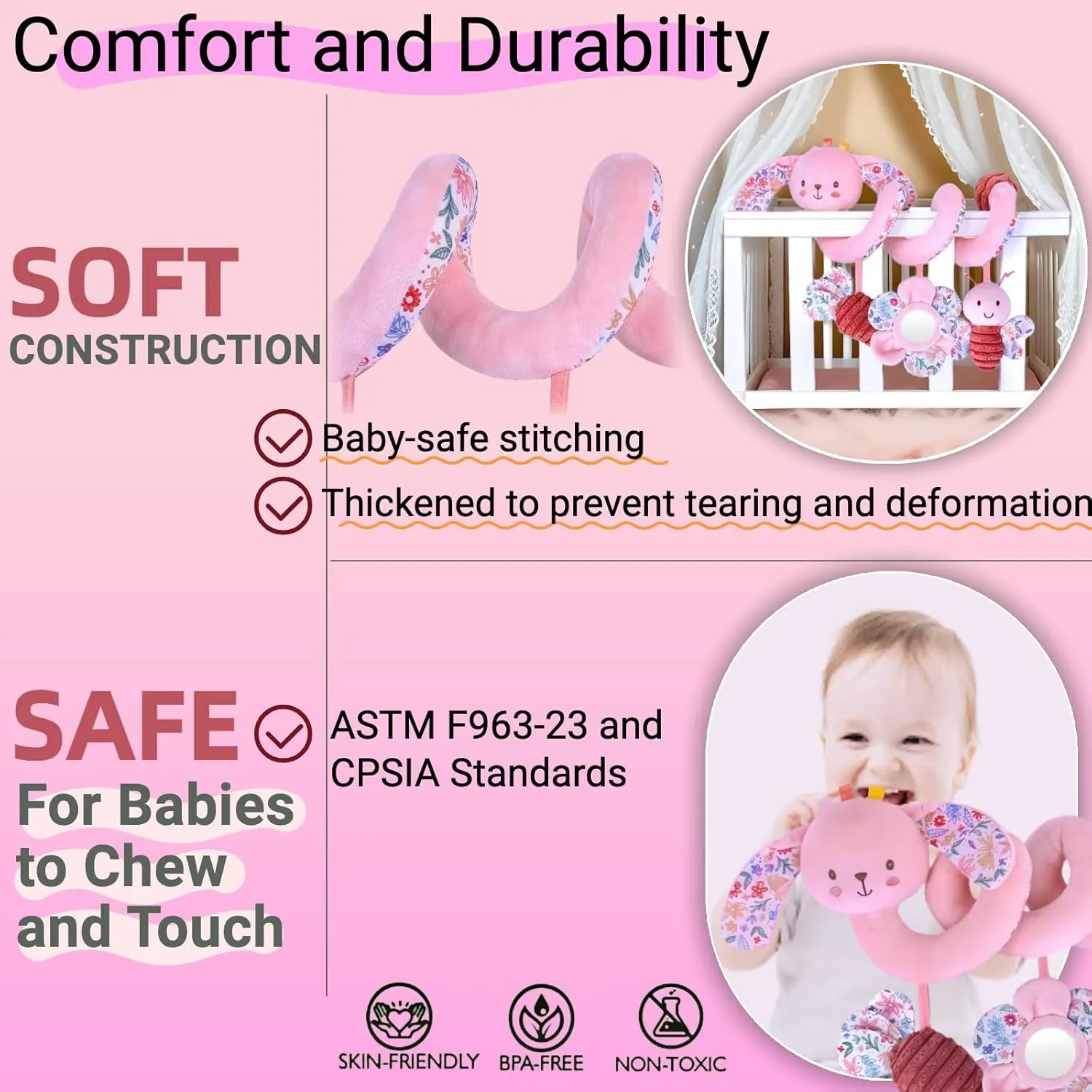 Spiral Car Seat Toy for Babies 0-6-12 Months Girl Boy, Stroller Baby Toys 0-3-4-5-6 Month Old Newborn Travel Shower Gifts, Carseat Hanging Sensory Toy Bunny for Infant Rattle, Mirror, Crinkle
