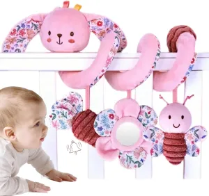 Spiral Car Seat Toy for Babies 0-6-12 Months Girl Boy, Stroller Baby Toys 0-3-4-5-6 Month Old Newborn Travel Shower Gifts, Carseat Hanging Sensory Toy Bunny for Infant Rattle, Mirror, Crinkle
