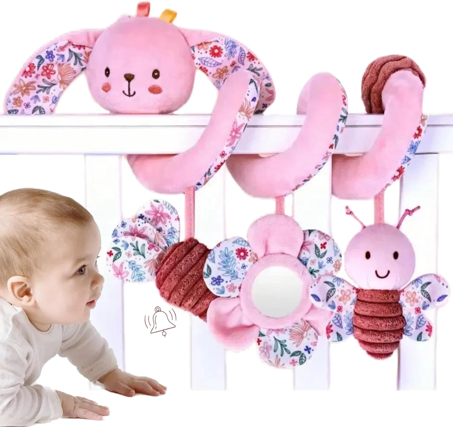 Spiral Car Seat Toy for Babies 0-6-12 Months Girl Boy, Stroller Baby Toys 0-3-4-5-6 Month Old Newborn Travel Shower Gifts, Carseat Hanging Sensory Toy Bunny for Infant Rattle, Mirror, Crinkle