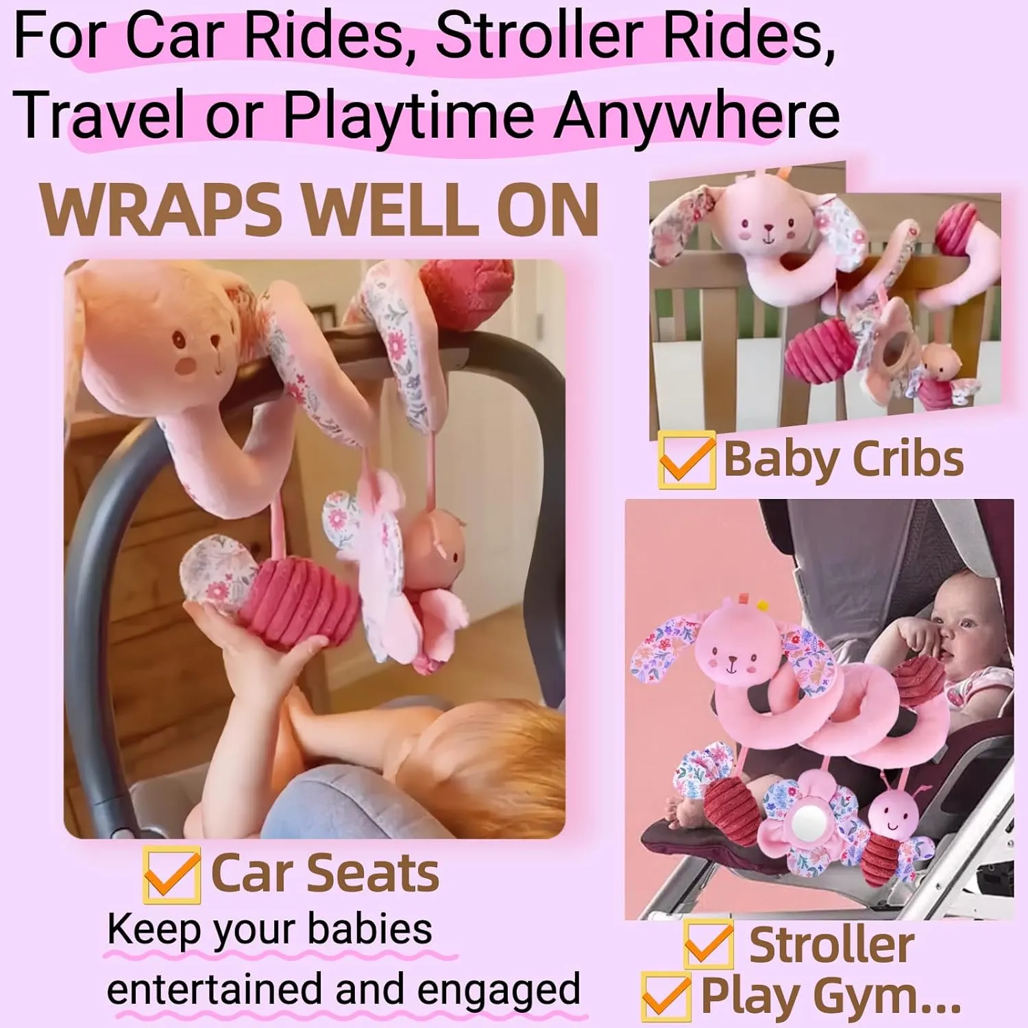 Spiral Car Seat Toy for Babies 0-6-12 Months Girl Boy, Stroller Baby Toys 0-3-4-5-6 Month Old Newborn Travel Shower Gifts, Carseat Hanging Sensory Toy Bunny for Infant Rattle, Mirror, Crinkle