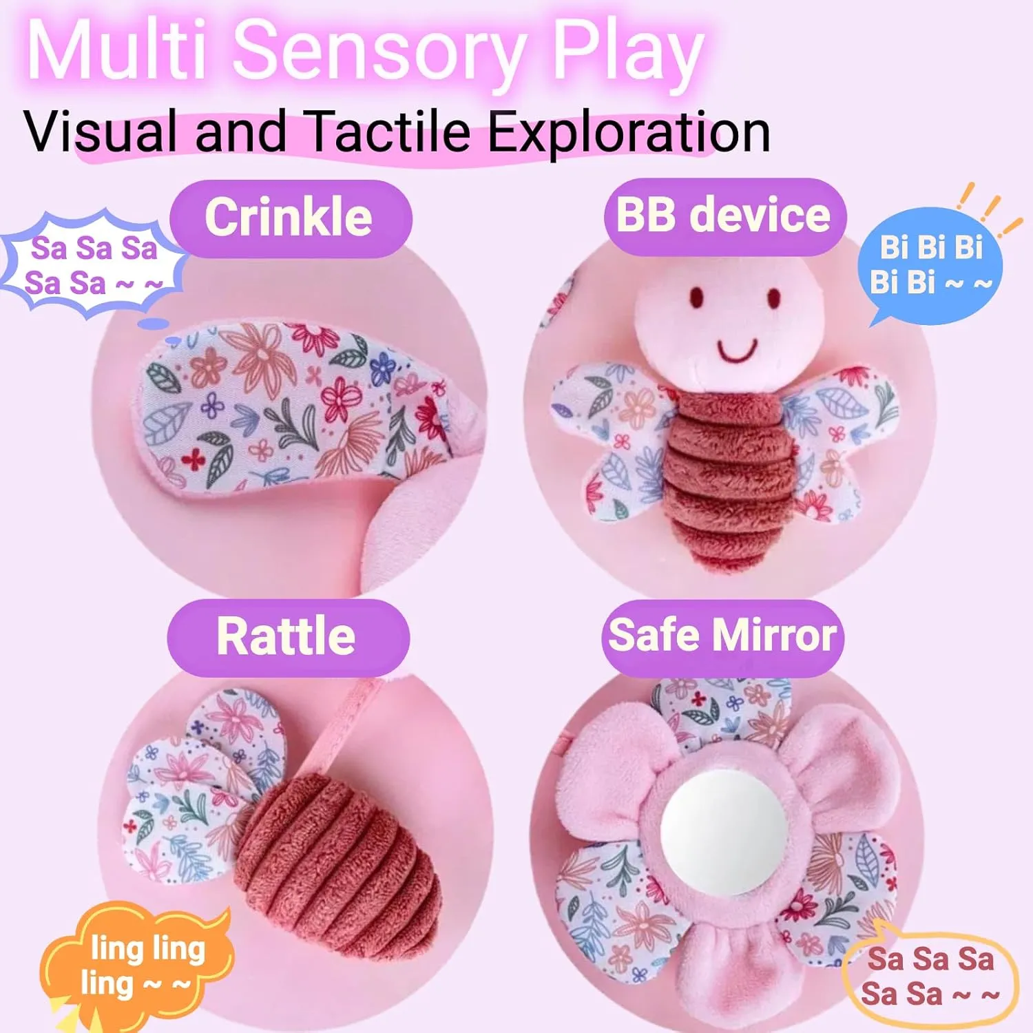 Spiral Car Seat Toy for Babies 0-6-12 Months Girl Boy, Stroller Baby Toys 0-3-4-5-6 Month Old Newborn Travel Shower Gifts, Carseat Hanging Sensory Toy Bunny for Infant Rattle, Mirror, Crinkle