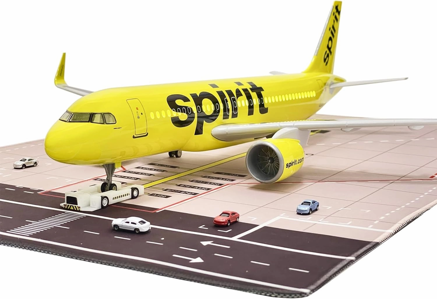 Spirit A320 Model 1/80 Scale Spirit Airlines A320 Model Airplane 18.5 Inches Long with LED Lights and a Large Rubber Airport Mat, Ideal Gift and Display