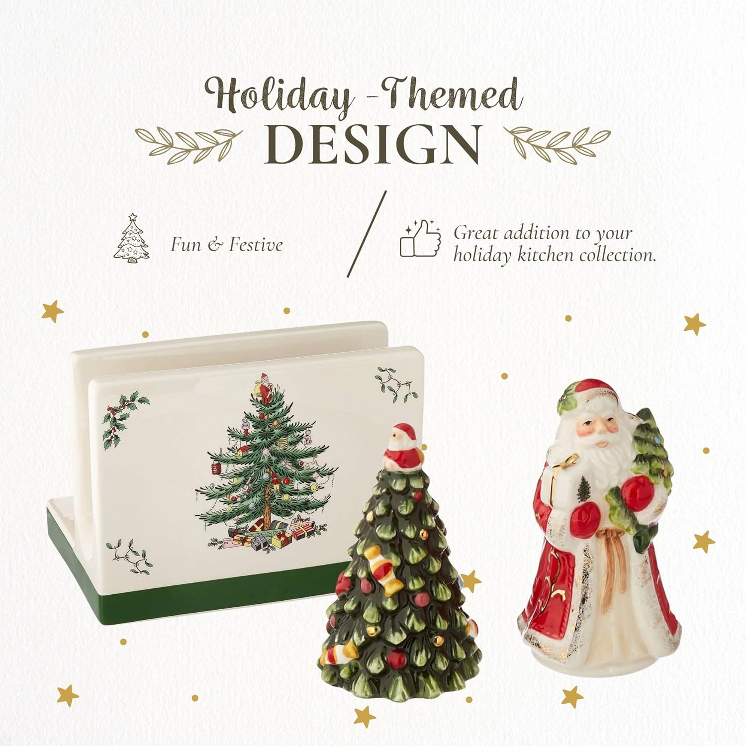 Spode Christmas Tree 3-Piece Hostess Set - Napkin Holder, Salt Shaker, Pepper Shaker (Santa & Tree Figural) - Festive Earthenware for Christmas, Holiday Entertaining - Collectible Gift Set