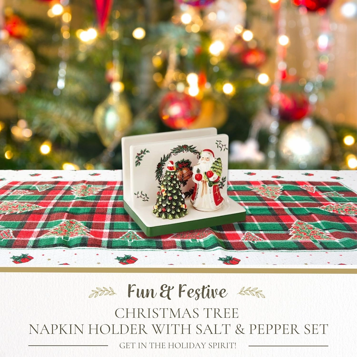 Spode Christmas Tree 3-Piece Hostess Set - Napkin Holder, Salt Shaker, Pepper Shaker (Santa & Tree Figural) - Festive Earthenware for Christmas, Holiday Entertaining - Collectible Gift Set